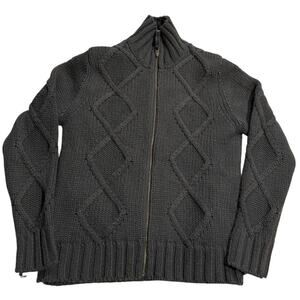 Helly Hansen Chunky Cable Knit Sweater Zip Up Wool Blend Lined Mens Large Gray